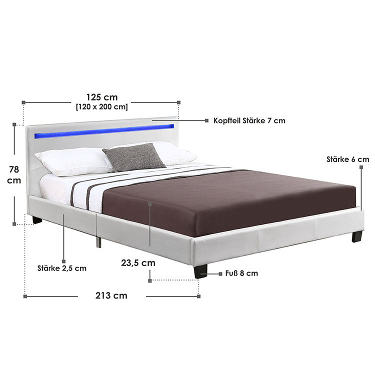 Abmessungen Polsterbett Verona 120×200 cm weiß mit Lattenrost