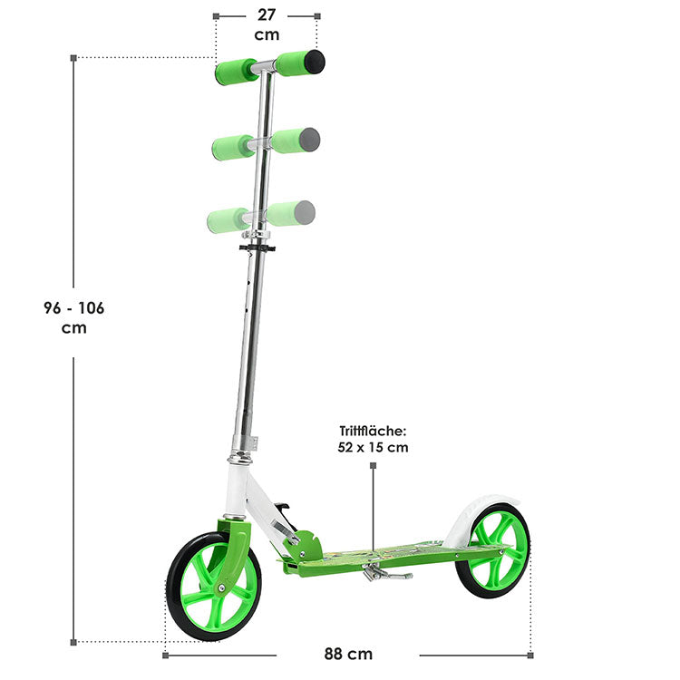 Abmessungen vom Kinder Scooter Soccer grün mit Tragegurt und Big Wheel Räder