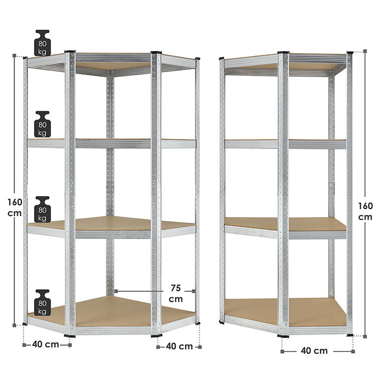 Abmessungen Eckregal Corner Easy 160 cm hoch aus verzinktem Metall mit 4 Böden