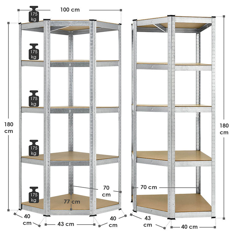 Abmessungsbild Lagerregal Corner Basic 180 x 70 x 40-70 cm mit 5 Böden und Stecksystem