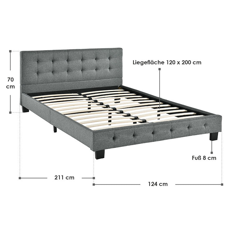 Abmessungsbild Polsterbett Manresa 120x200 cm grau mit Kopfteil und Lattenrost