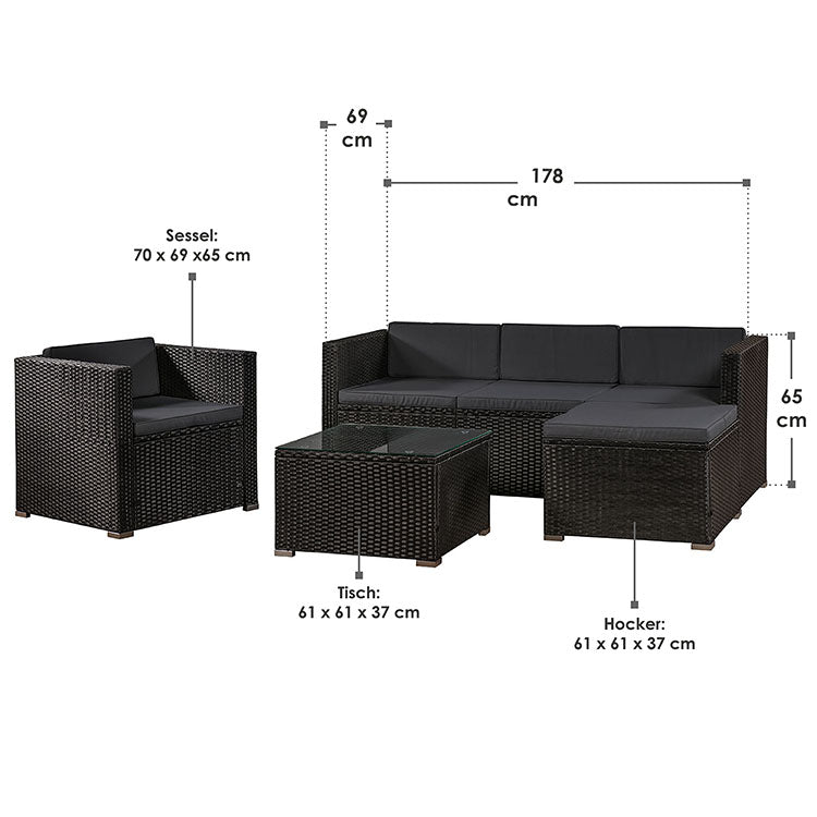 Abmessungsbild Polyrattan Lounge Punta Cana L schwarz mit dunkelgrauen Bezügen - inklusive Ecksofa, Sessel, Hocker, Tisch mit Glasplatte sowie Sitz- und Rückenauflagen