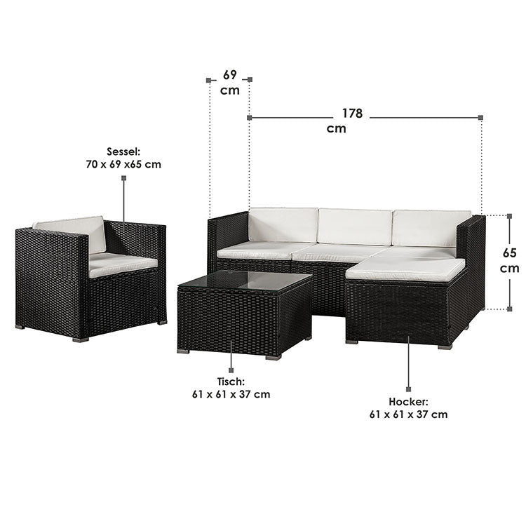 Abmessungsbild Polyrattan Lounge Punta Cana L - inklusive Sofa, Sessel, Hocker, Tisch mit Glasplatte sowie Sitz- und Rückenauflagen