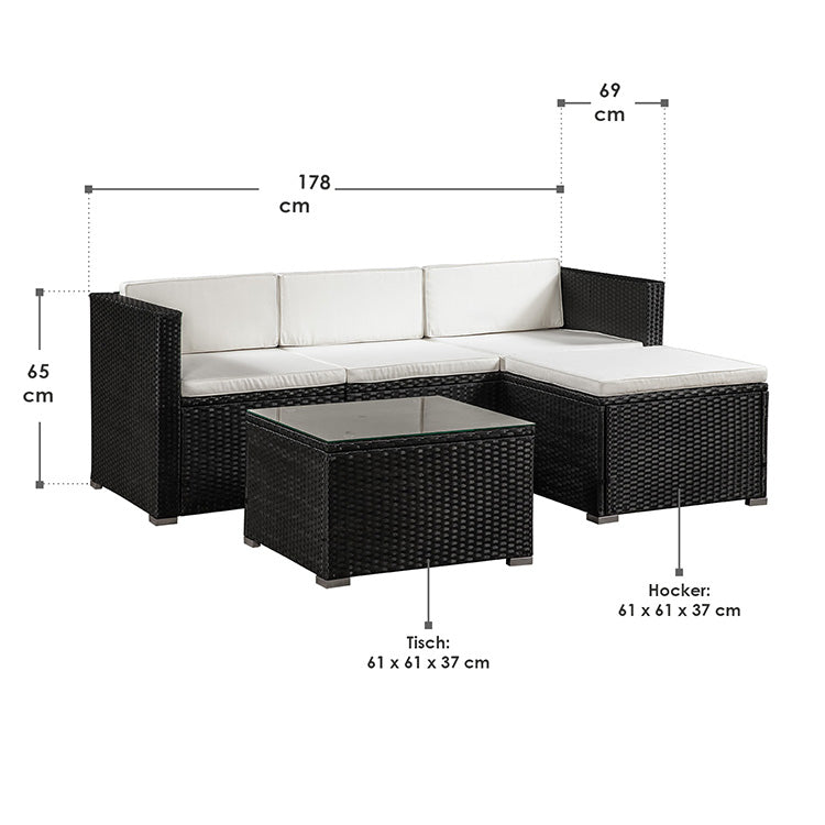 Abmessungsbild Polyrattan Lounge Punta Cana M schwarz mit cremeweißen Bezügen - inklusive Sofa, Hocker, Tisch mit Glasplatte sowie Sitz- und Rückenauflagen