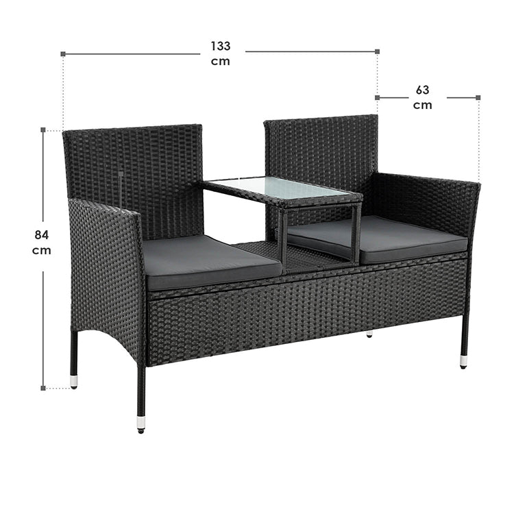 Abmessungsbild Polyrattan Gartenmöbel Sitzgruppe Monaco schwarz-dunkelgrau – Gartengarnitur inklusive Tisch mit Glasplatte