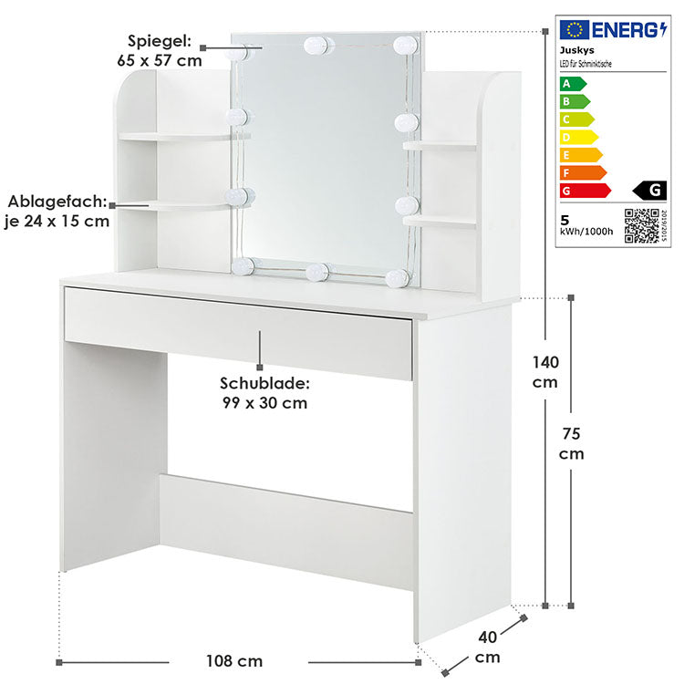 Abmessungen Schminktisch Bella mit LED Lichter Weiß