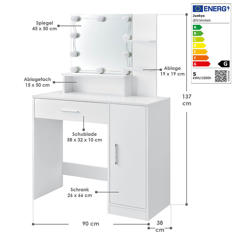 Abmessungen Schminktisch Zoey in Weiß