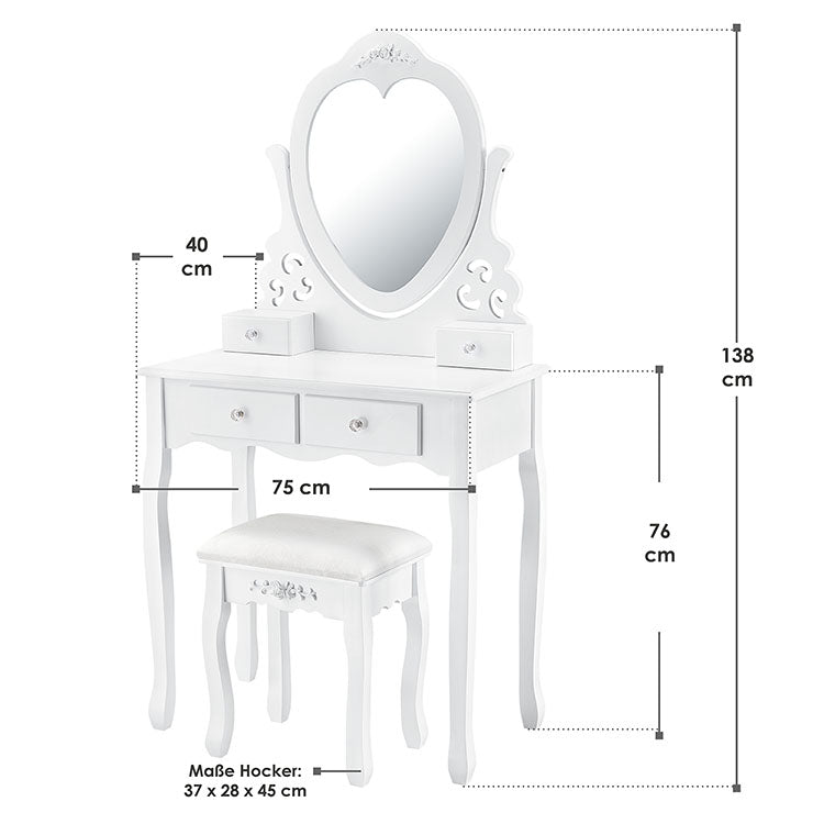 Abmessungen Schminktisch Julia mit Spiegel, Hocker und 4 Schubladen weiß