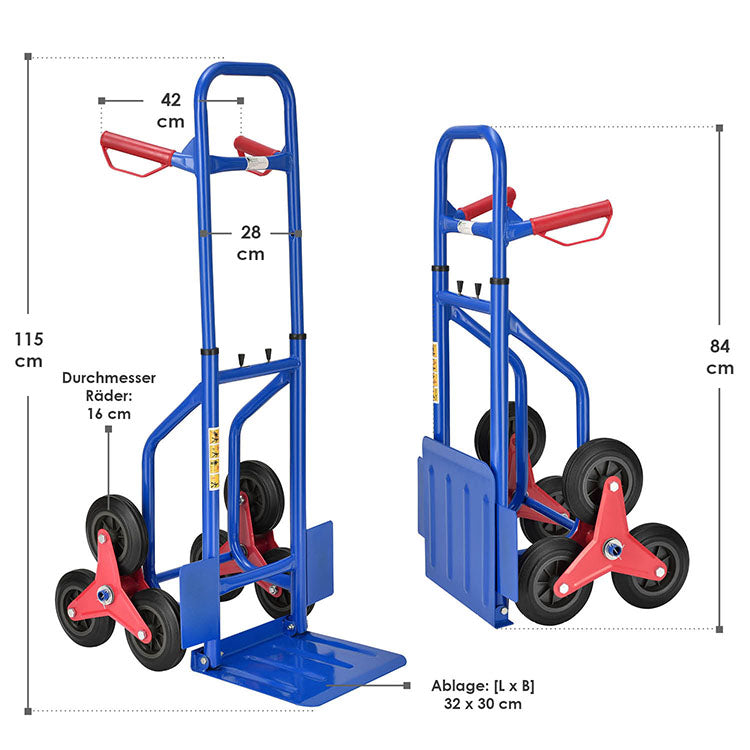 Abmessungen Höhenverstellbare Treppensackkarre bis max. 200 kg mit Sternrädern und klappbarer Ladeschaufel in blau-rot