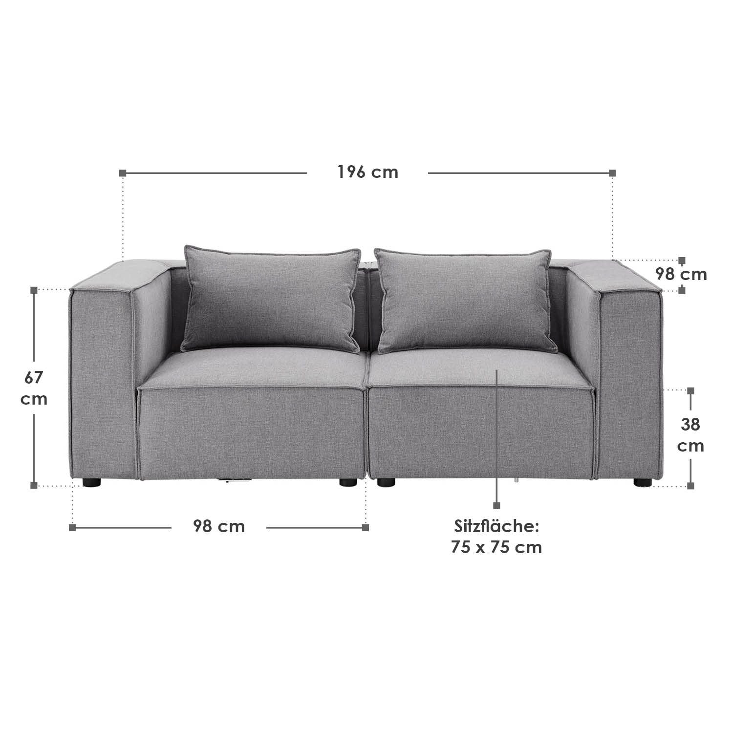 Abmessungen Modulares Sofa Domas S - 2 Sitzer in Stoff Dunkelgrau