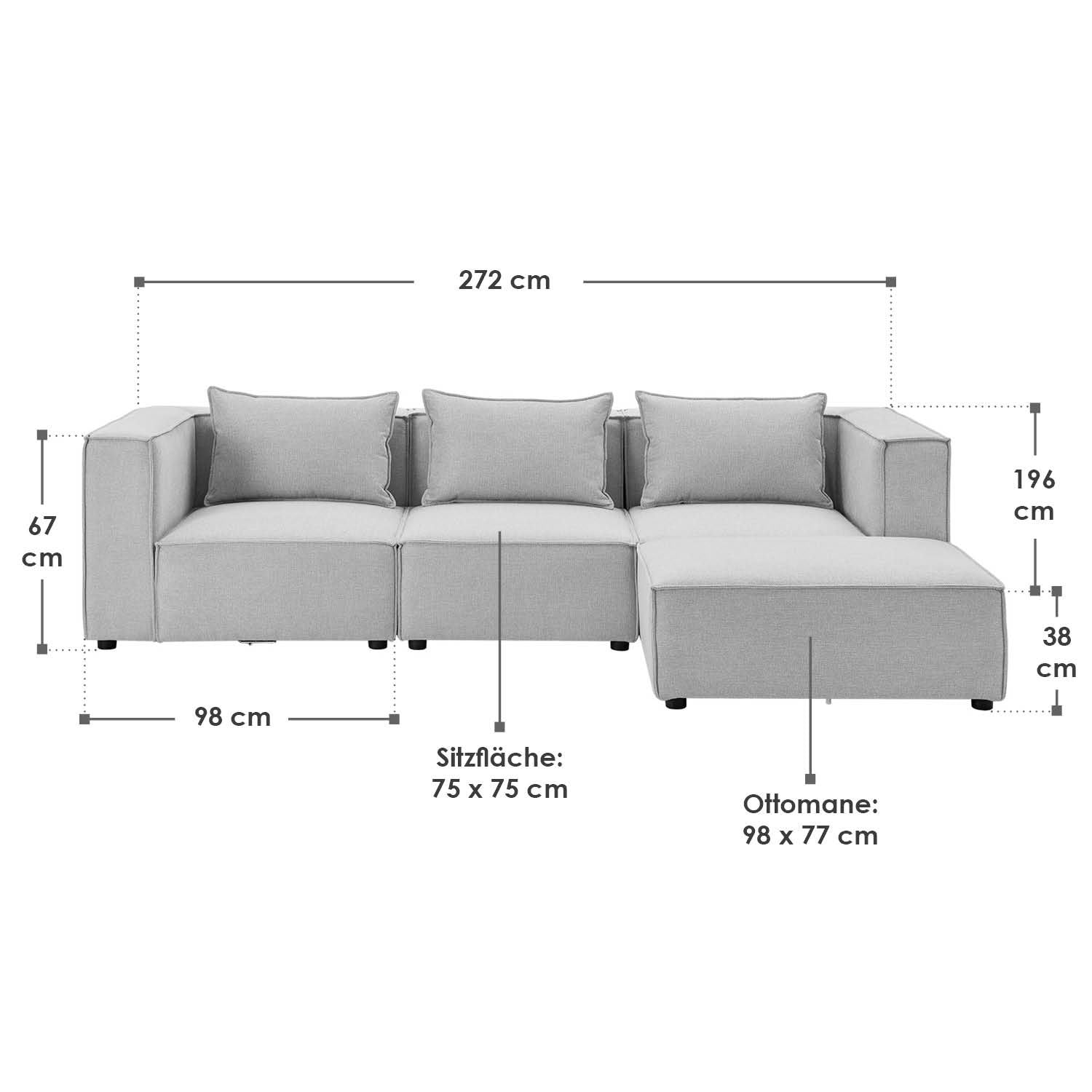 Abmessungen Modulares Sofa Domas L - 3 Sitzer in Stoff Grau