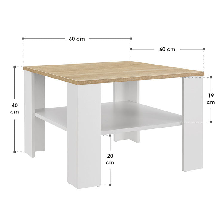 Abmessungen Couchtisch in Weiß mit Holzoptik 60x60 cm