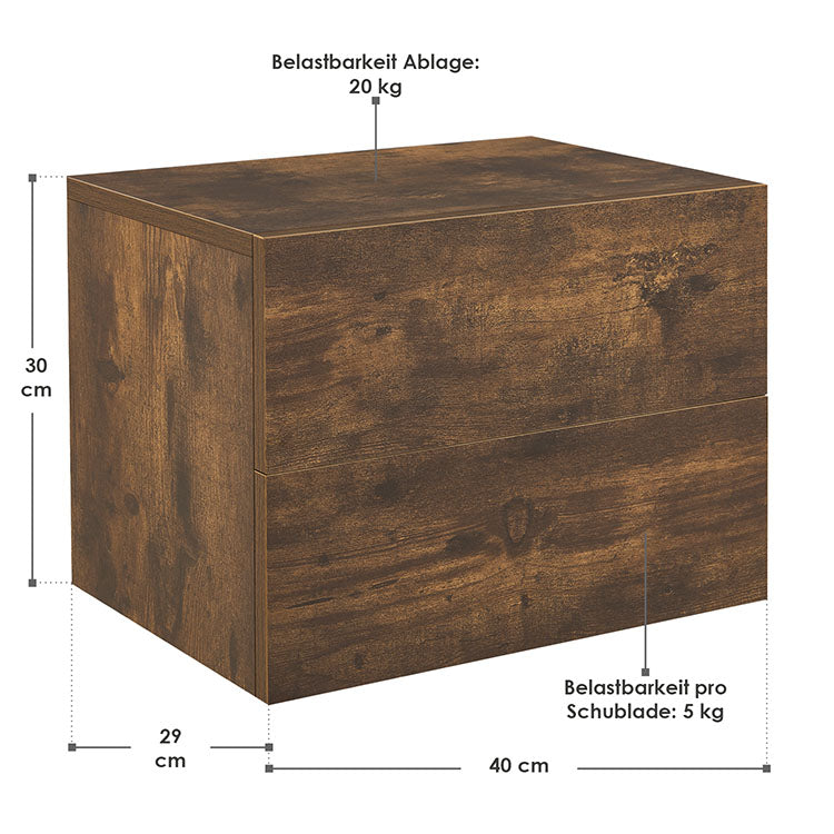 Abmessungen Wandschrank Nachttisch 40x29x30 cm mit 2 Schubladen Natur