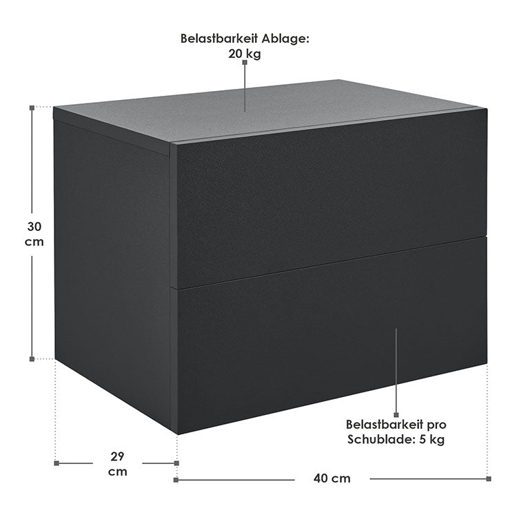 Abmessungen Wandschrank Nachttisch 40x29x30 cm mit 2 Schubladen Schwarz