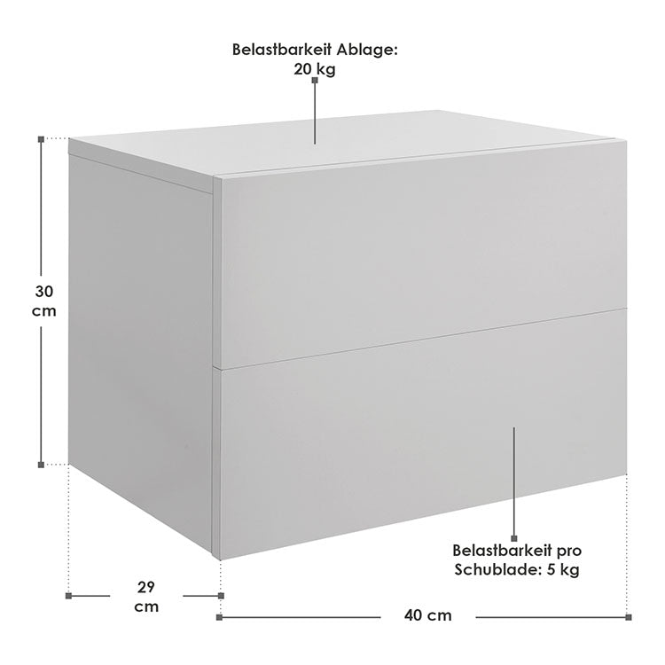 Abmessungen Wandschrank Nachttisch 40x29x30 cm mit 2 Schubladen Weiß