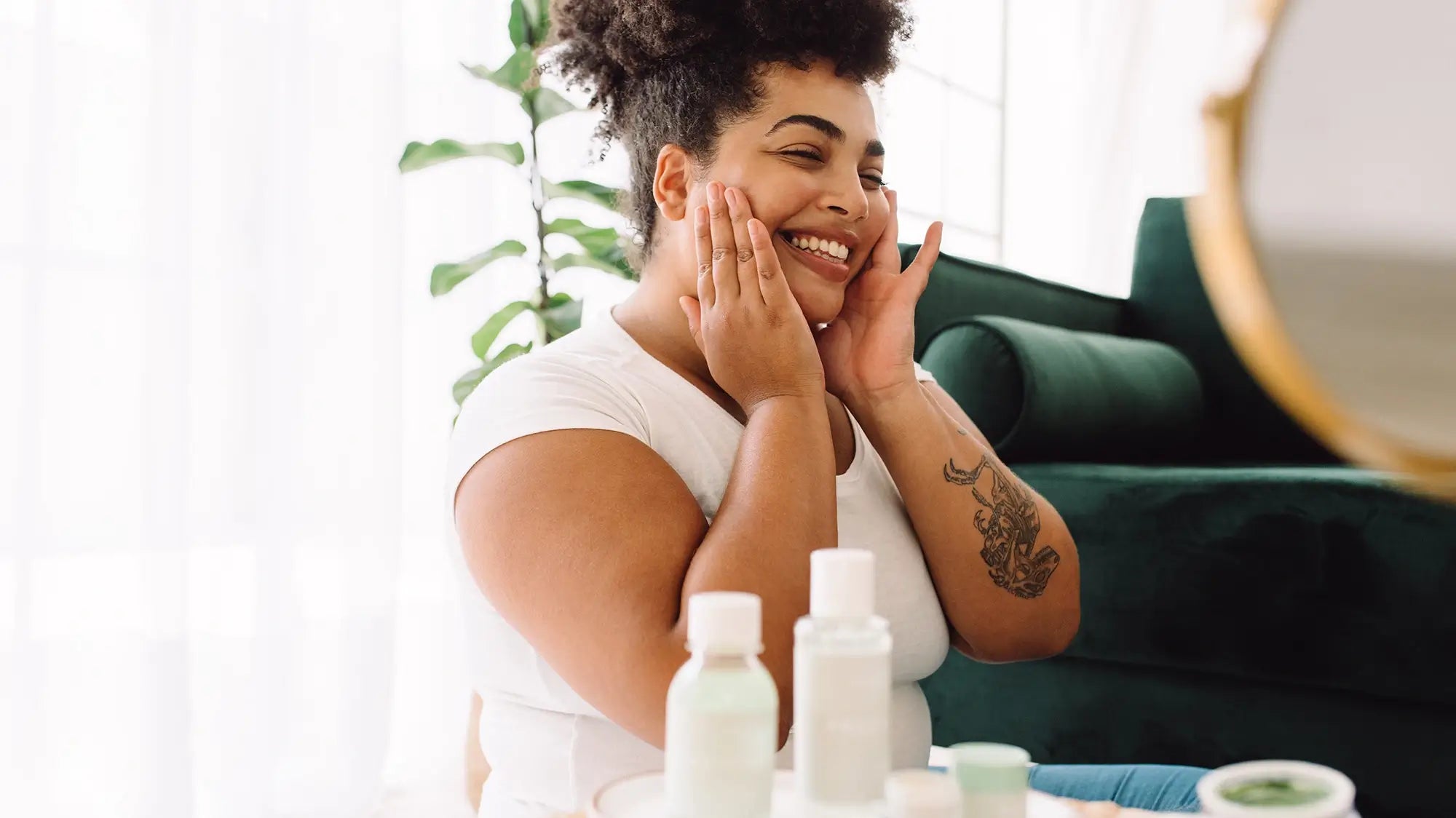 smiling woman at home with skin care products