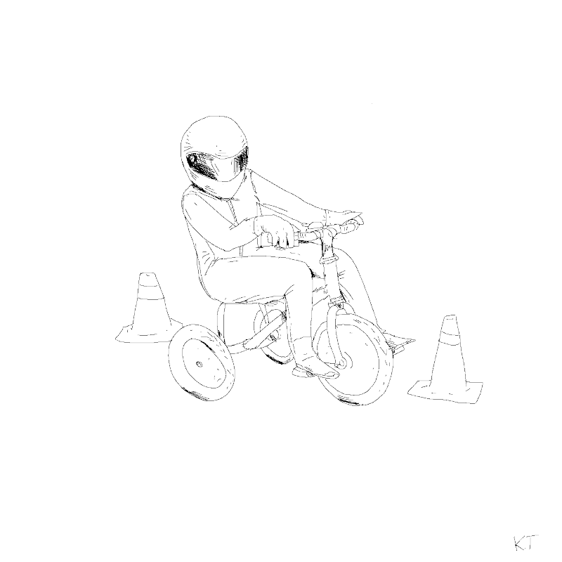 rysunek: motocyklista na małym rowerku