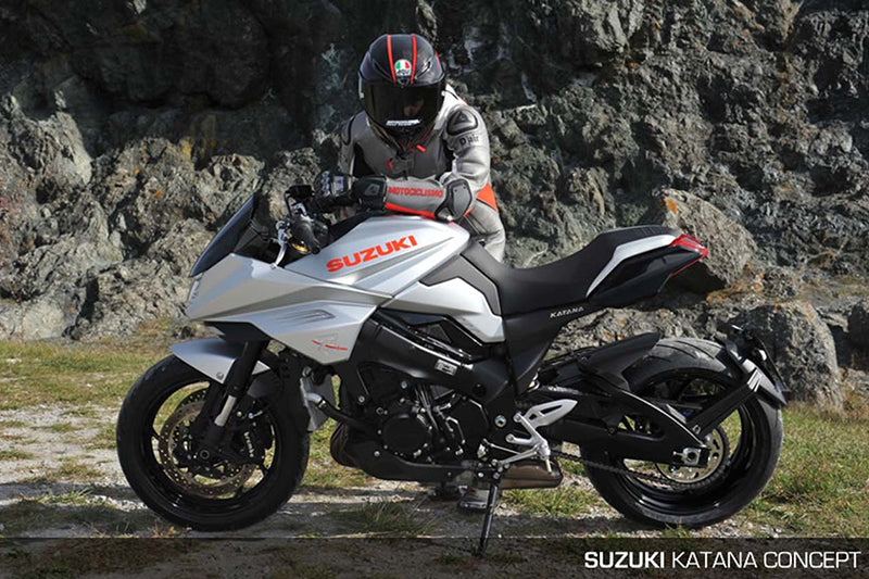Motocykl Suzuki Katana z motocyklistą przy skałach