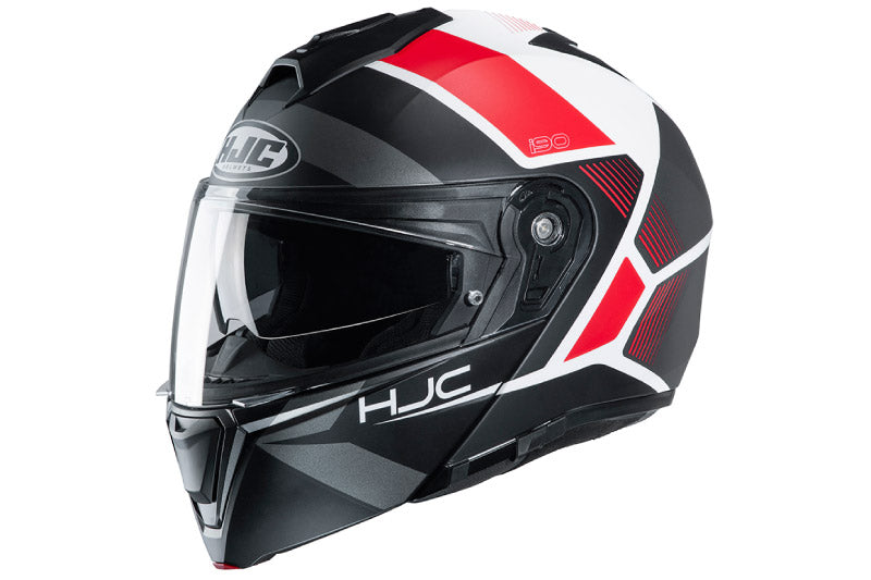 motocyklowy kask HJC I90 szczękowy w kolorze czarnym z czerwono białymi dodatkami