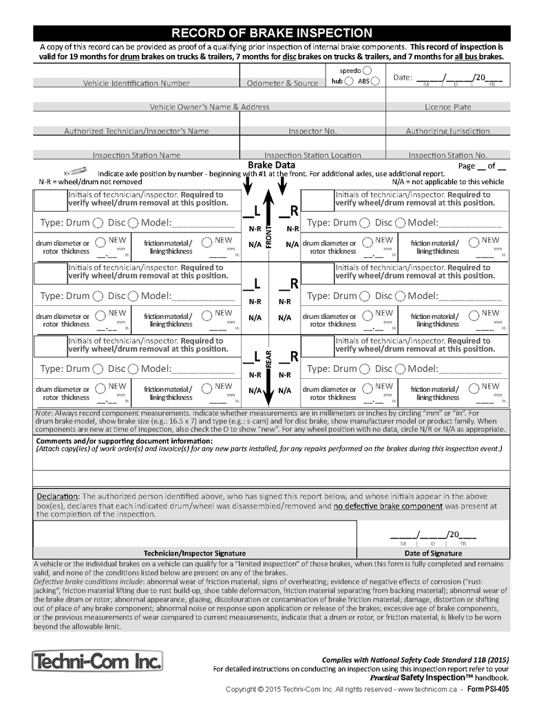 Record of Brake Inspection PSI405 for PMVI Inspection Inc.