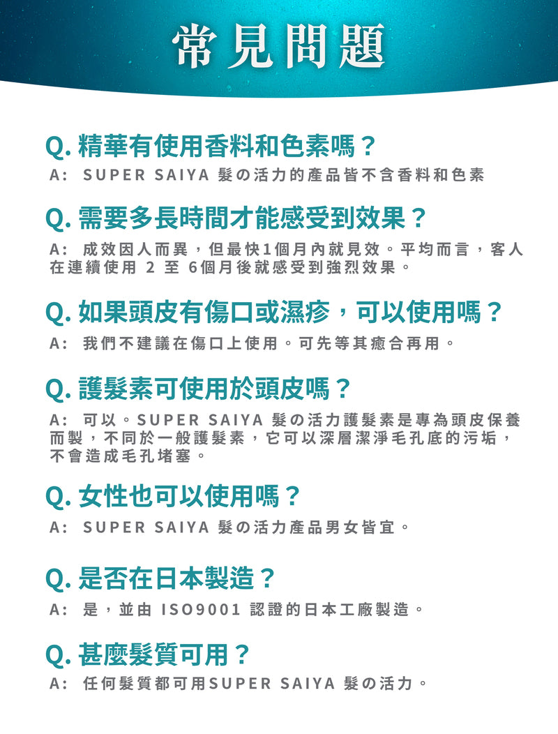 [套裝優惠] SUPER SAIYA 髮の活力 - 《3重養育活髮》防脫藥用系列常見問題
