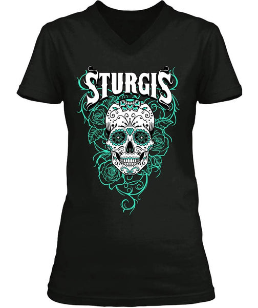 Sturgis Rally Teal Roses Sugar Skull (Ladies) – SkullSociety
