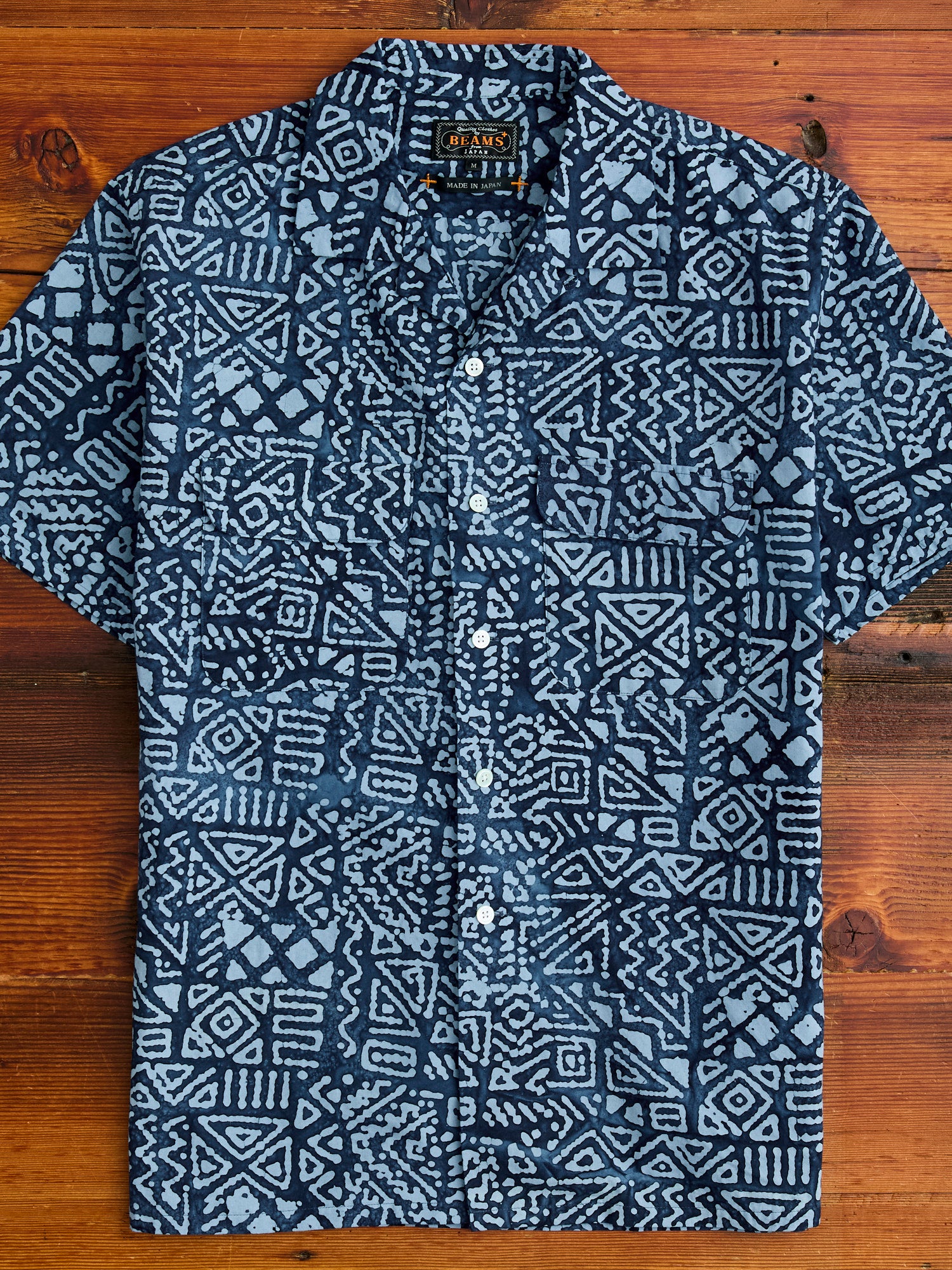 Batik Print Open Collar Shirt in Blue