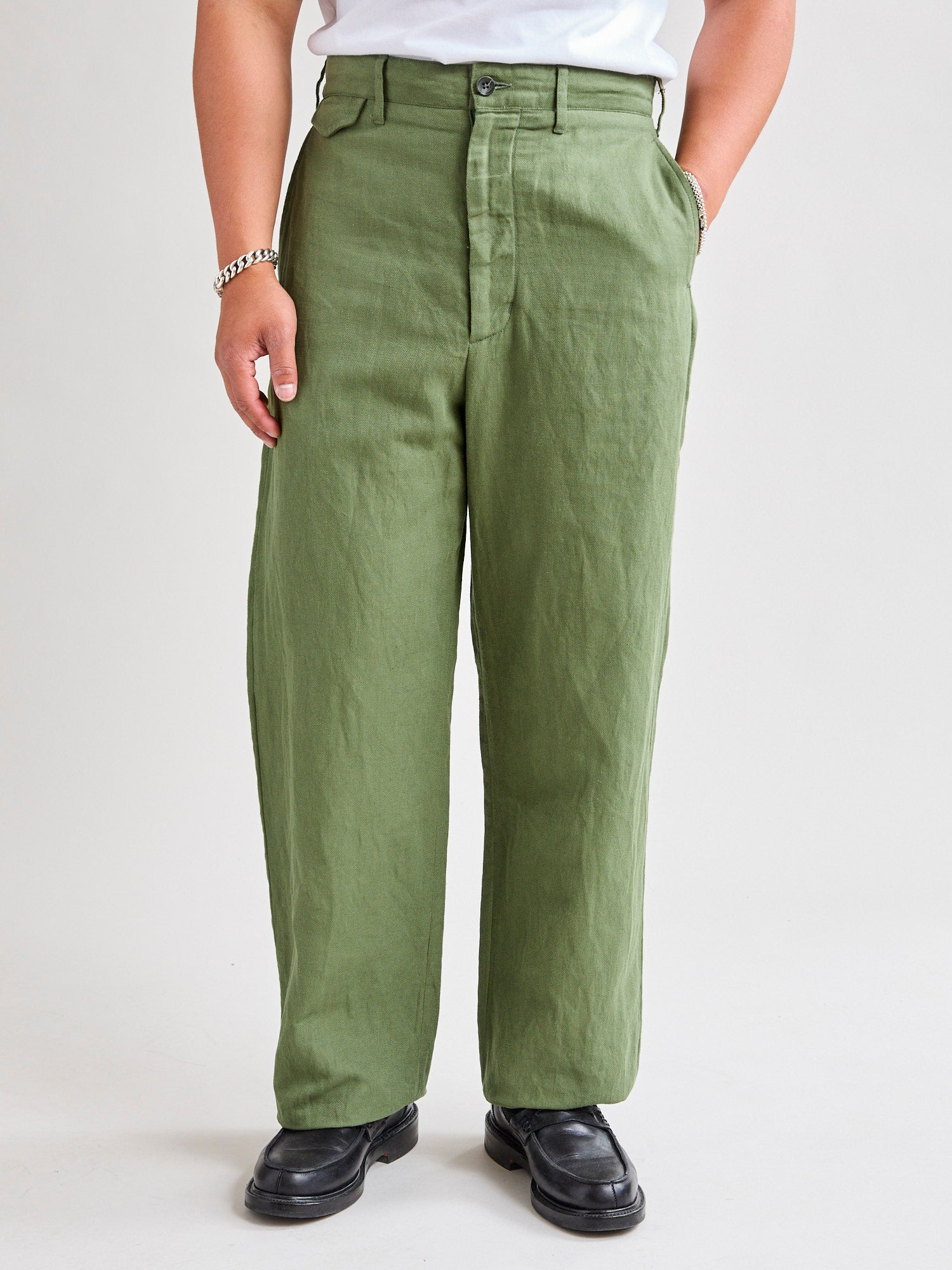 Officer Pants in Olive Cotton Hemp Satin