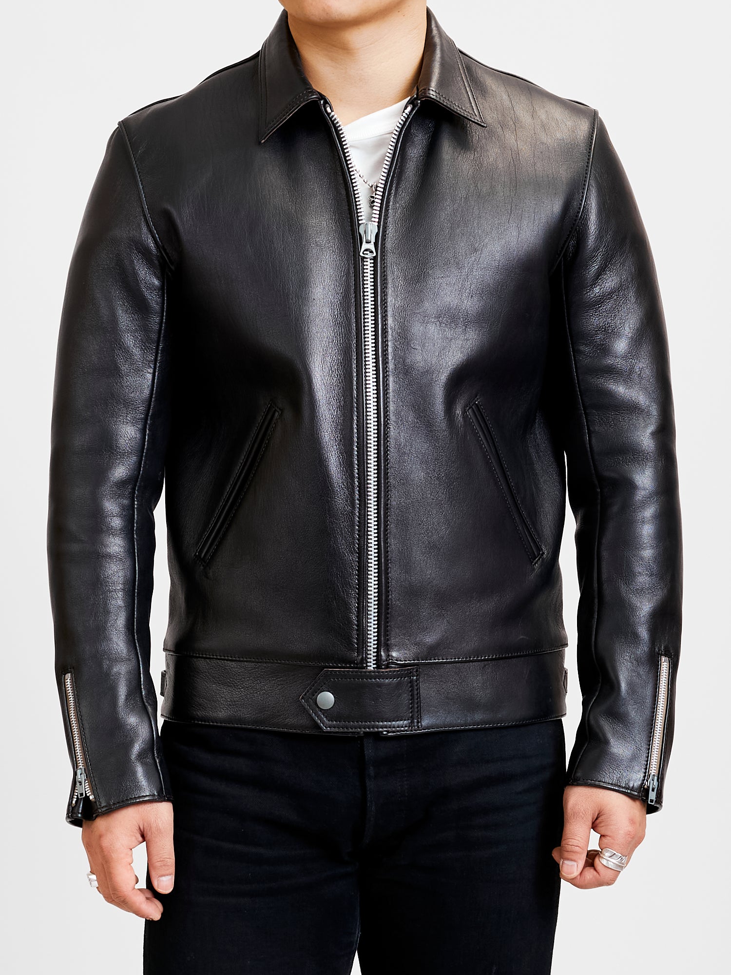 AD-01 Sheepskin Leather Center Zip Jacket in Black