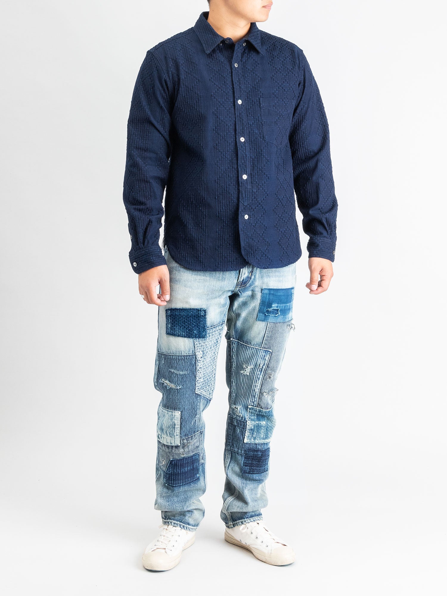 Kase Hand Dyed Sashiko Shirt in Dark Pure Indigo