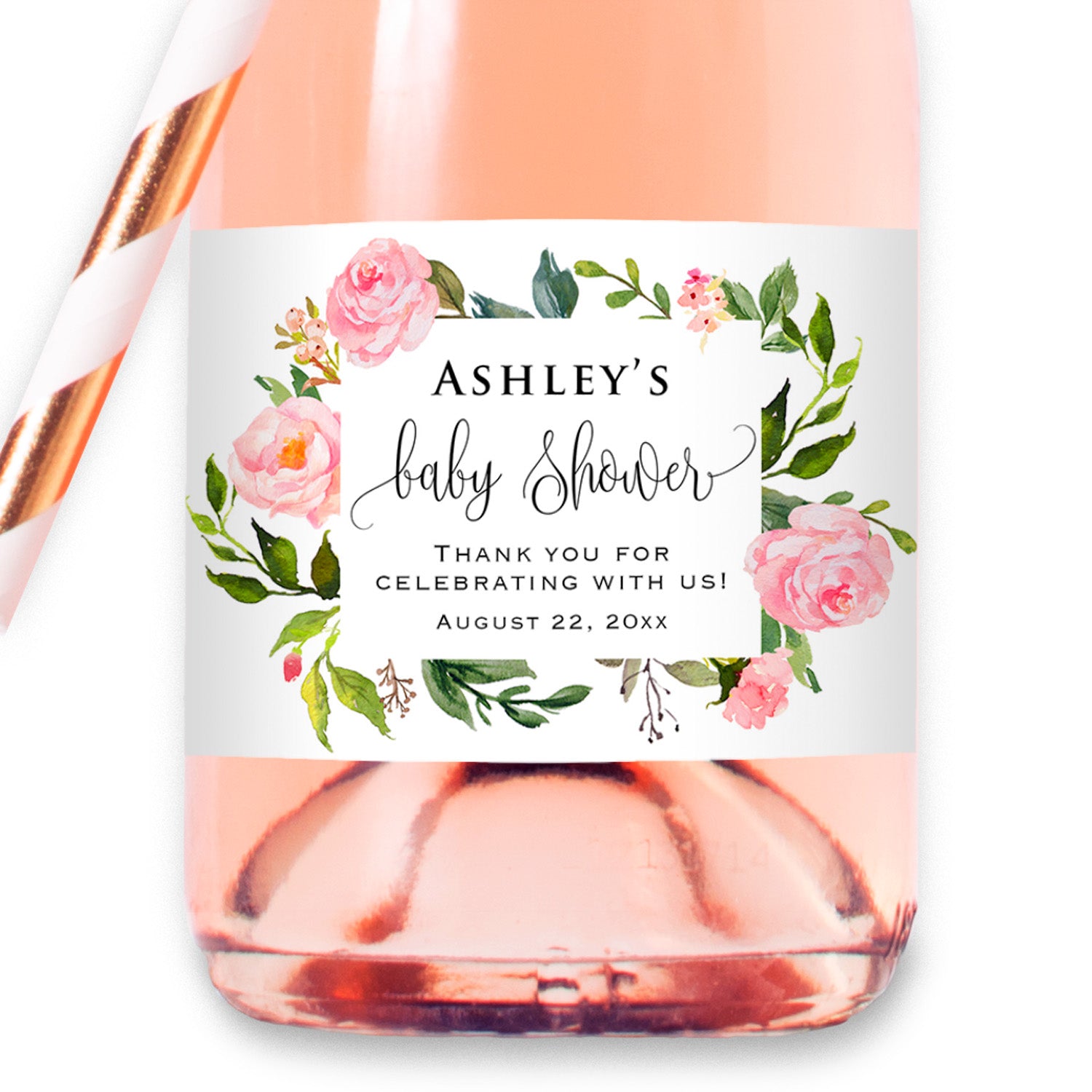 Baby Shower - 8 Custom Blush Pink Floral Mini Champagne Waterproof Bottle Label, Mini Wine Bottle Stickers for Baby Shower