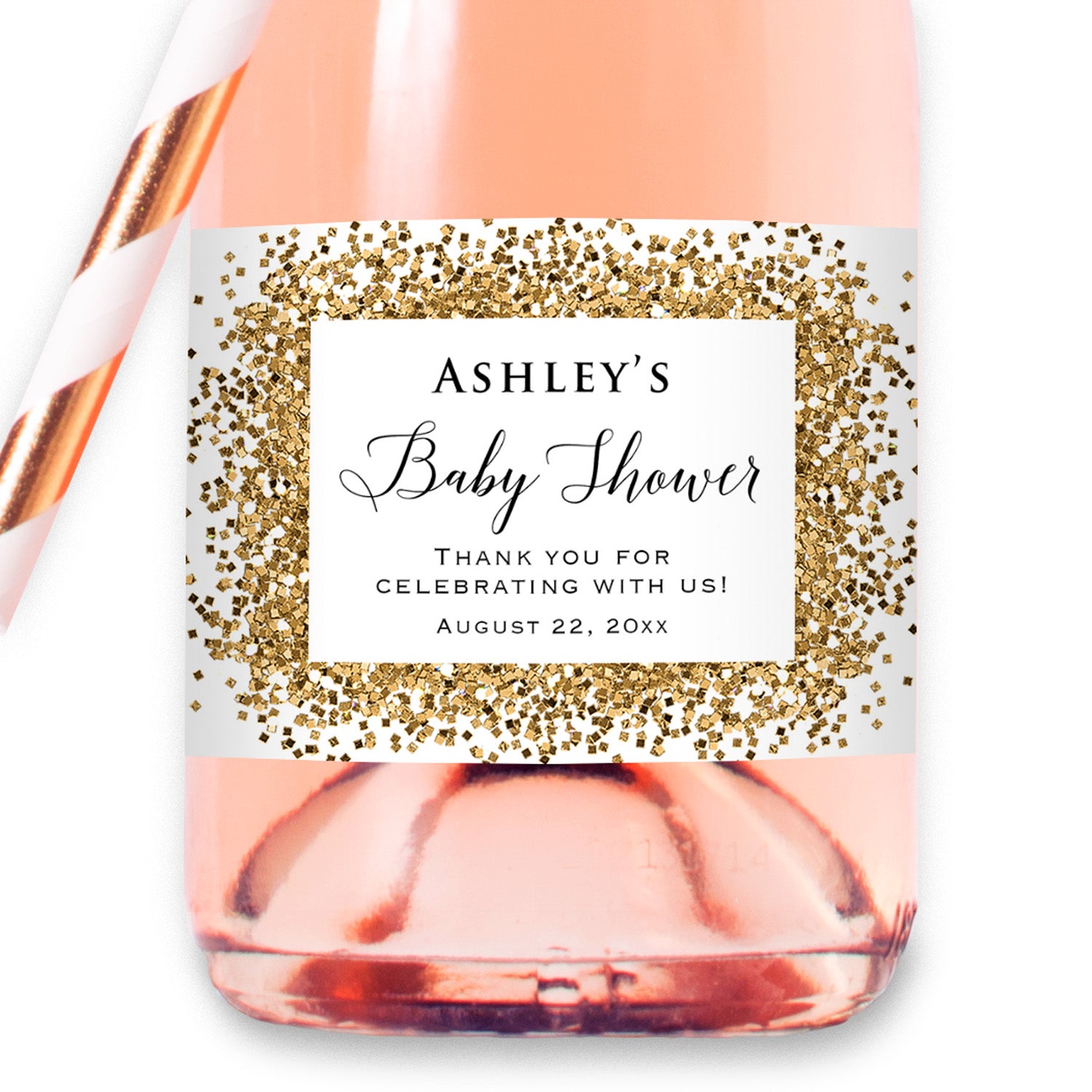 Baby Shower - 8 Custom Gold Glitter (Not Real Foil) Mini Champagne Bottle Label, Waterproof Mini Wine Bottle Stickers for Baby Shower