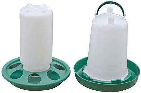 Chick feeder and waterer with green bases and white storage containers