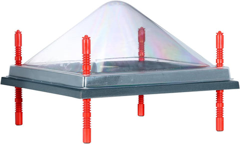 Chick heat plate brooder with red legs and a clear pyramid shaped cone on top