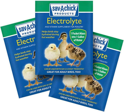3 Electrolyte packets for chicks, staggered for the photo. Blue packaging with baby chicks on the front of the packaging
