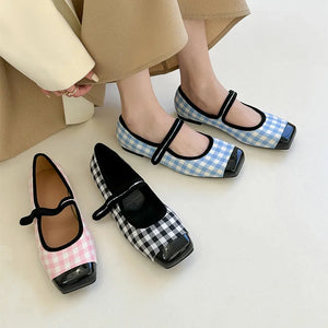 Picsgirl  -  Brand New Women Flats Square Toe Retro Single Shoes Buckle Checkerboard Mary Jane Shoes Soft Ballerina Flats Mujer - warmmeta