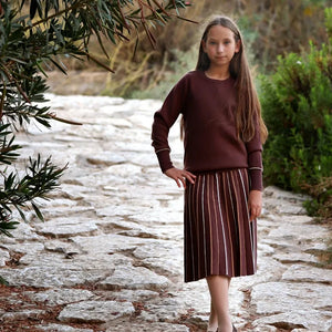Teen Girls Knitted Set Women Accordion Skirt Winter Brown Outfits with White stripes - WildRoot Outfitters