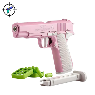 Pink toy gun with green bullets and white magazine isolated on white background.