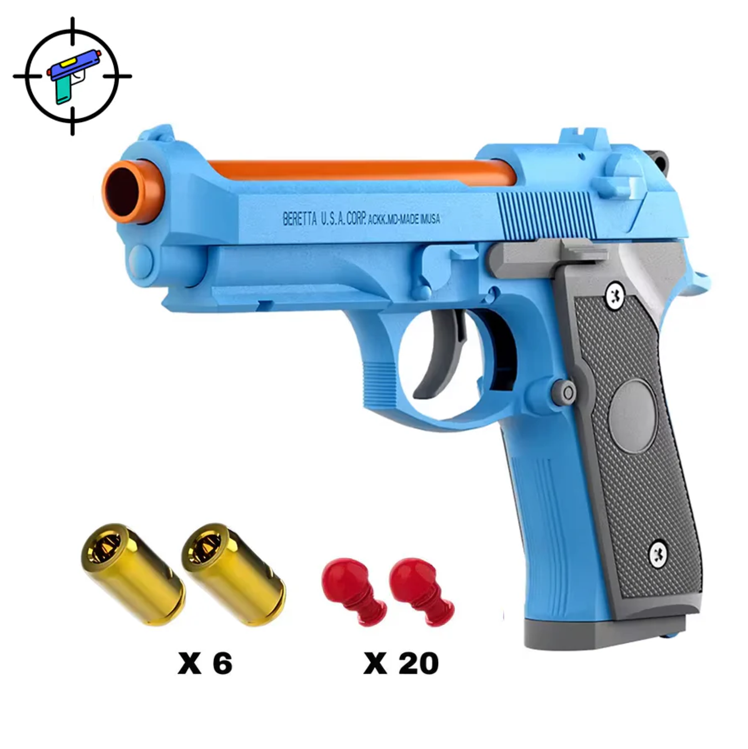 Blue toy gun with orange tip, accompanied by plastic bullets and earplugs.