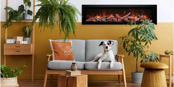 Amantii Panorama Deep & Xtra Tall Built-In Linear Electric Fireplace Guess Room Birch log set with Amber Glass Media