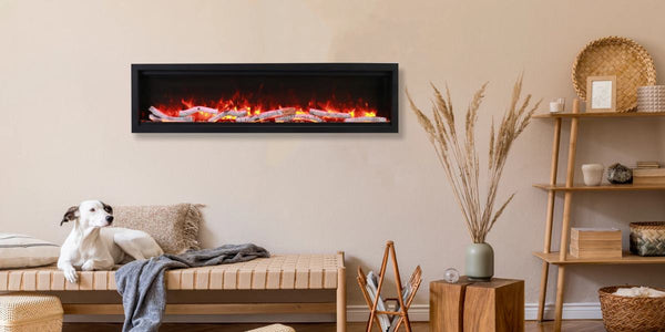 Amantii Symmetry Bespoke 60 Linear Electric Fireplace Birch Media Red Flame Living Room with Dog