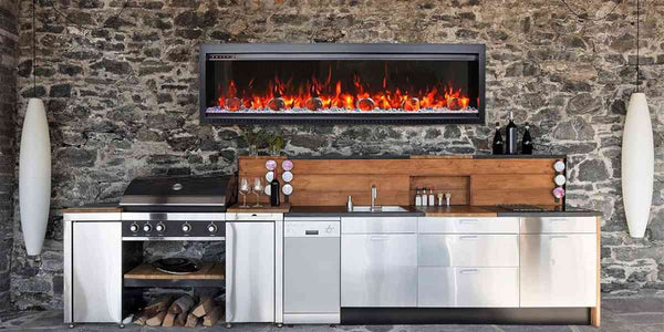 Amantii Symmetry Smart 74Linear Electric Fireplace Kitchen Glass Chunk + Ice Media Red Flame