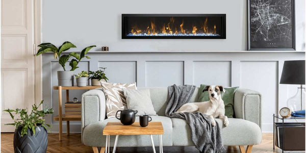 Amantii Symmetry Smart Xtra Slim 60 Linear Electric Fireplace Living Room with Dog Ice Media Yellow Flame