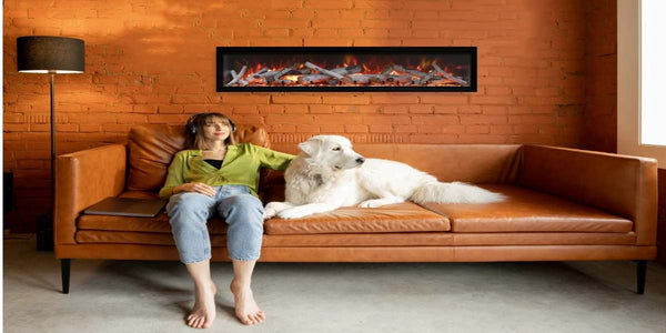 Amantii Symmetry Xtra Tall 88 Built-In Linear Electric Fireplace Birch Media Living room with Pet Red Flame