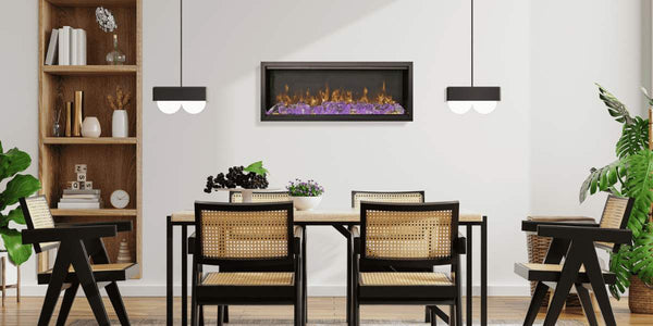 Amantii Symmetry Xtra Tall Bespoke 50 Built-In Linear Electric Fireplace  Dinning Room Ice Media Chunks