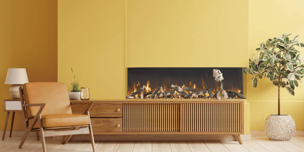 Amantii Tru View Bespoke 55 3-Sided Linear Electric Fireplace Personal Space Oak Media Yellow Flame