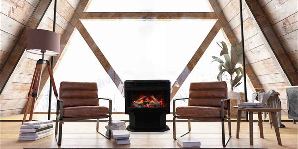 Amantii 26 Smart Freestanding Pedestal Electric Stove  FS26 Placed in Attic with Rustic Log Set