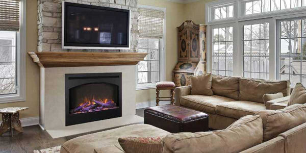 Amantii 31 Zero Clearance Electric Fireplace Arch Surround with Oak Log Set and Clear Ember Media Set