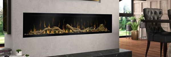 Dimplex Ignite XL 74" Built-in Linear Electric Fireplace | XLF74 banner image fully recessed install with driftwood and river rocks