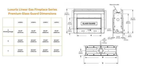 Luxuria Linear Gas Fireplace Series Premium Glass Guard Dimensions
